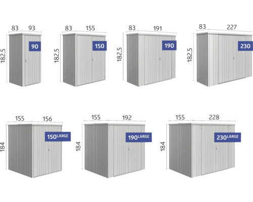 Différentes tailles d''armoires métalliques avec indications de dimensions