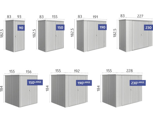 Aperçu de différents abris de jardin en métal avec indication des dimensions