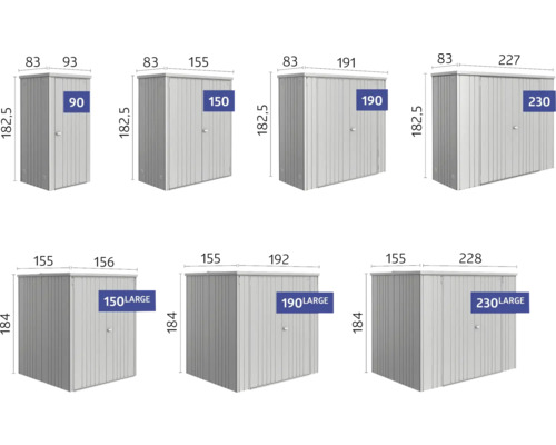 Différentes tailles d''abris de jardin métalliques avec indications de dimensions