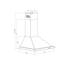 Technische Zeichnung einer Dunstabzugshaube mit Maßen.