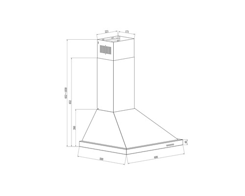 Technische Zeichnung einer Dunstabzugshaube mit Maßen.