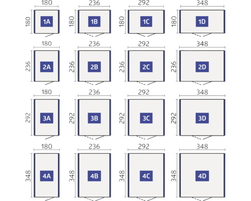 Grössenübersicht von Schrankelementen mit Breiten von 180, 236, 292 und 348 Millimeter und Höhen von 180, 236, 292 und 348 Millimeter.