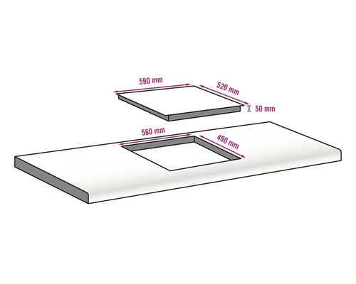 Skizze eines Kochfeldes mit den Maßen 590 mm mal 520 mm und einer Einbautiefe von 50 mm in einer Arbeitsplatte mit einem Ausschnitt von 560 mm mal 490 mm.