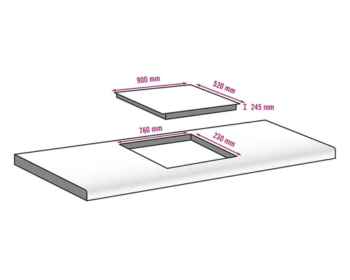 Schéma d''un plan de travail avec découpe et dimensions.