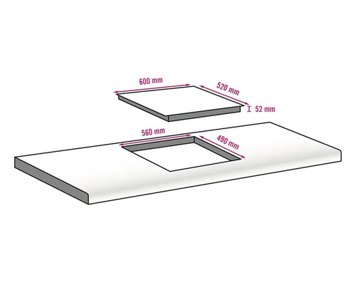 Illustration d''un plan de travail avec une découpe et les dimensions correspondantes.