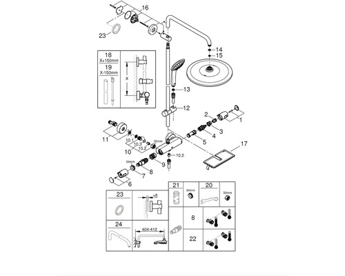 Schéma éclaté d''un mitigeur de douche avec pièces détachées et dimensions.