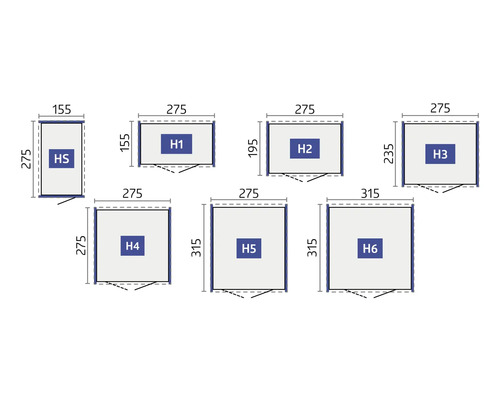 Illustration de différentes tailles d''abris de jardin avec les désignations HS, H1, H2, H3, H4, H5 et H6 ainsi que des indications de dimensions.