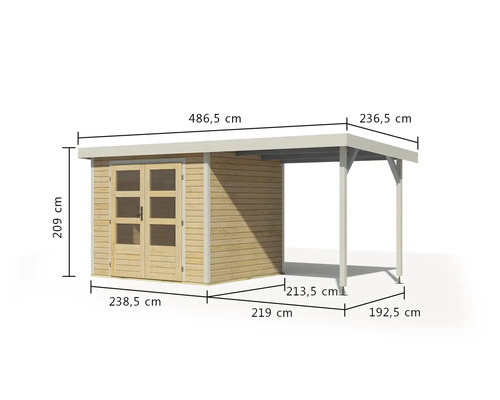 Abbildung mit Massangaben eines Gartenhauses mit Anbau.
