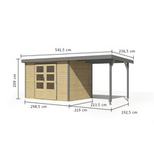 Abbildung eines Gerätehauses mit Carport und Massangaben.