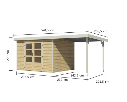 Image d''une cabane de jardin en bois avec les dimensions.
