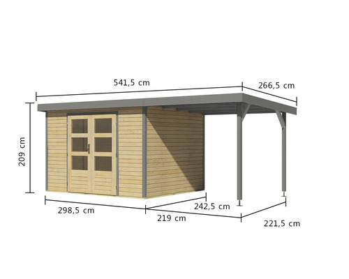 Image d''un abri de jardin en bois avec abri de voiture et indications de mesure