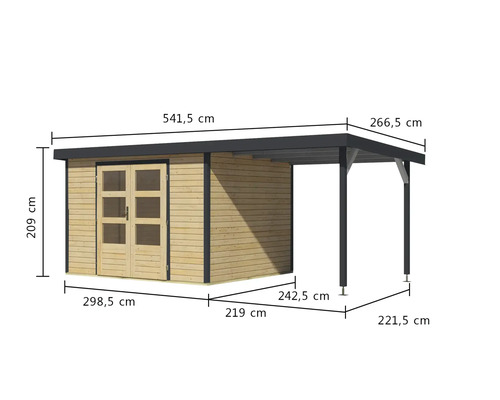 Image d''un abri de jardin avec toit rapporté et indications de dimensions