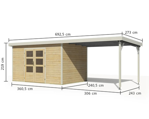 Holzgartenhaus mit Carport und Massangaben