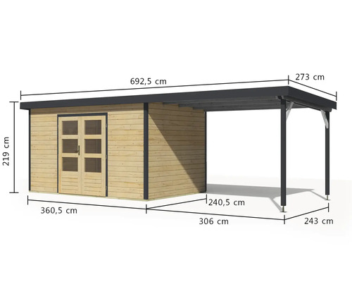 Abbildung eines Gartenhauses mit Abmessungen