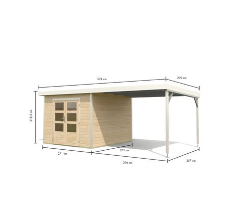 Image d''un abri de jardin avec carport et indications de dimensions.