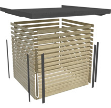 Schéma éclaté d''une cabane de jardin en bois avec des murs à lamelles et un toit