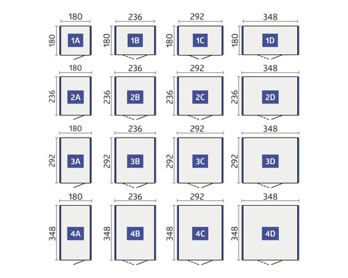 Diagramme de différentes tailles avec des dimensions en millimètres