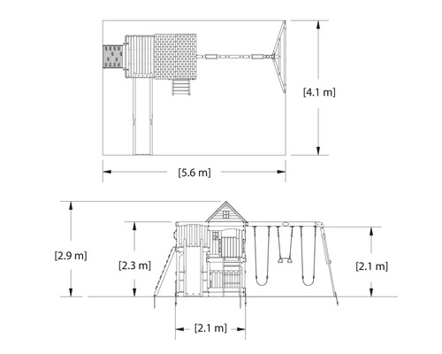 Abmessungen des Spielplatzes mit Rutsche und Schaukel