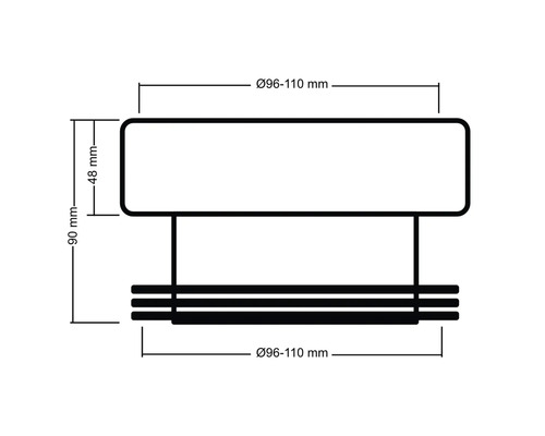 Technische Zeichnung mit Maßangaben zu einem Produkt, Breite circa 96 bis 110 Millimeter, Höhe circa 90 Millimeter