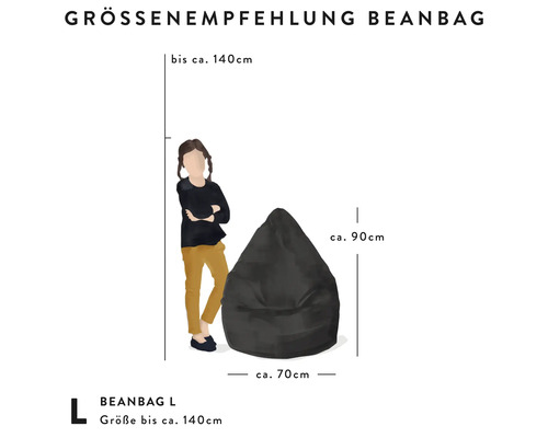 Grössenempfehlung für Sitzsack L mit Grössenangaben