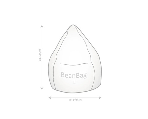 Abbildung eines Sitzsacks mit den Maßen circa 90 Zentimeter Höhe und circa 70 Zentimeter Durchmesser.