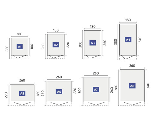 Schéma présentant les dimensions de cabanes de jardin de différentes tailles.