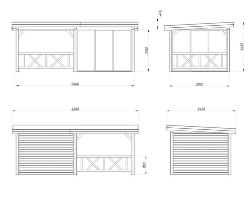 Dessin technique d''un pavillon avec dimensions.