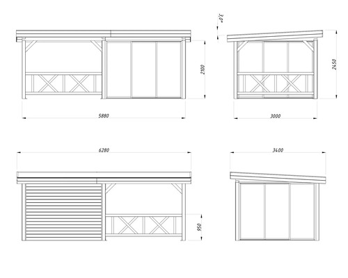 Schéma technique d''un abri de jardin avec dimensions