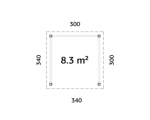 Plan avec dimensions 300 sur 340 centimètres et une surface de 8,3 mètres carrés