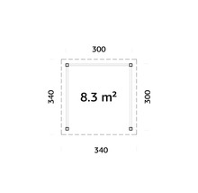 Plan avec des dimensions de 340 sur 300 centimètres et une surface de 8,3 mètres carrés
