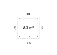 Plan avec une superficie de 8,3 mètres carrés et des dimensions de 300 sur 340 centimètres