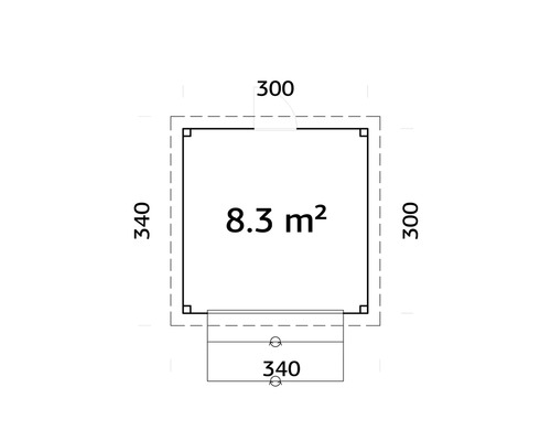 Plan avec dimensions : surface de 8,3 mètres carrés, largeur de 340 centimètres, profondeur de 300 centimètres