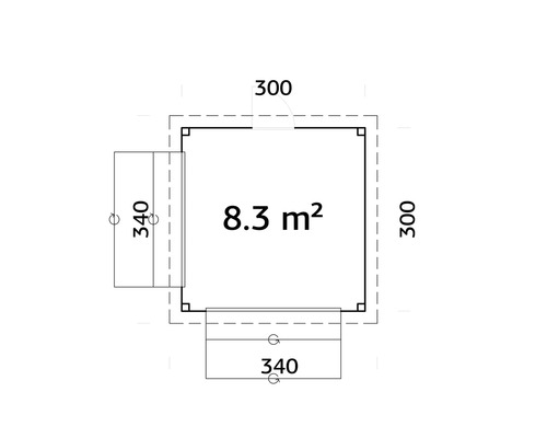 Plan avec dimensions : 8,3 mètres carrés, 300 centimètres et 340 centimètres