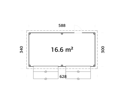Plan avec les dimensions 588 par 340 et 300 par 628 ainsi qu''une superficie de 16,6 mètres carrés