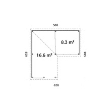 Plan d''un abri de jardin avec des dimensions de 628 x 628 et 588 x 588 centimètres et une superficie de 16,6 et 8,3 mètres carrés