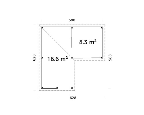 Plan d''un abri de jardin avec des dimensions de 628 x 628 et 588 x 588 centimètres et une superficie de 16,6 et 8,3 mètres carrés