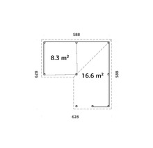Plan d''un abri de jardin avec des dimensions de 628 sur 588 centimètres et des surfaces de 8,3 et 16,6 mètres carrés.