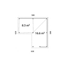 Plan d''un abri de jardin mesurant 588 x 628 cm et d''une surface de 8,3 et 16,6 mètres carrés