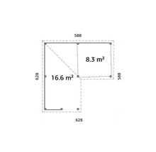 Plan d''une cabane de jardin mesurant 628 sur 628 et 588 sur 588, avec une superficie de 16,6 et 8,3 mètres carrés
