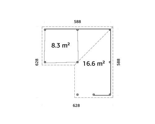 Plan d''un abri de jardin avec indication des surfaces de 8,3 m² et 16,6 m² et des longueurs de côtés de 588 et 628 cm.