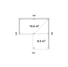 Plan avec indication des surfaces : 16.6 mètres carrés et 8.3 mètres carrés