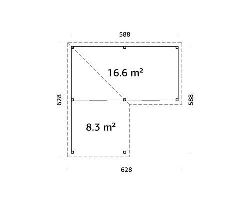 Plan avec dimensions 588, 628, 16,6 mètres carrés et 8,3 mètres carrés
