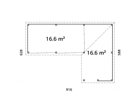 Plan d''un abri de jardin mesurant 628 x 916 x 588 cm et d''une superficie de 16,6 mètres carrés