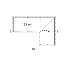 Plan d''un abri de jardin mesurant 628 x 916 x 588 cm avec une superficie de 33,2 mètres carrés