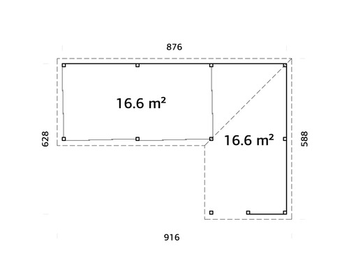 Plan d''un abri de jardin avec des dimensions de 876 x 916 x 628 x 588 et une surface de 2 x 16,6 mètres carrés