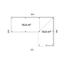Plan d''un abri de jardin avec les dimensions 876 x 916 x 628 x 588 et une superficie de 16,6 m²