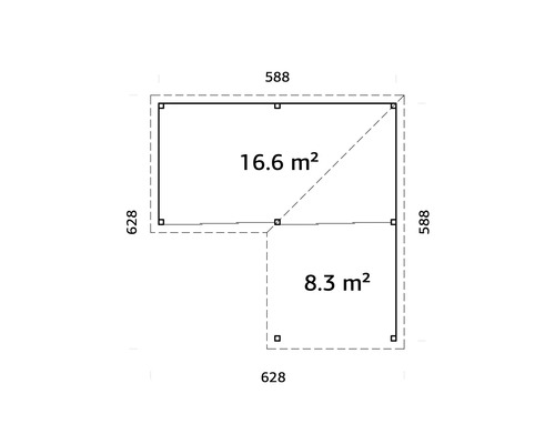 Plan avec dimensions: 16,6 mètres carrés et 8,3 mètres carrés