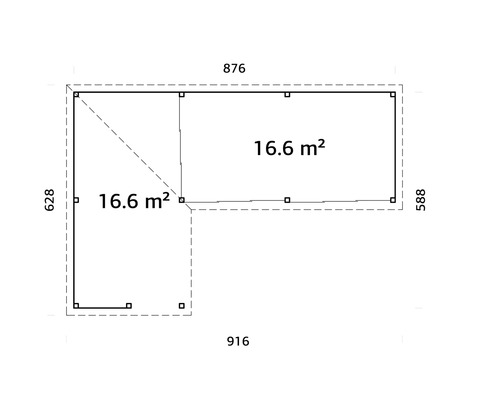Plan d''un abri de jardin avec les dimensions 876 x 916 x 628 x 588 cm et une surface de 16,6 m².