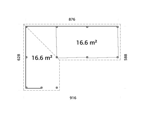 Plan d''un abri de jardin avec des dimensions de 876 x 588 x 916 x 628 et une surface de 2 x 16.6 m².