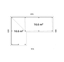 Plan d''un abri de jardin mesurant 876 x 588 x 916 x 628 cm et d''une superficie de 16,6 mètres carrés
